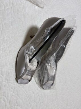 Silver Satin Peep-Toe Heels with Crystal Detail - Women